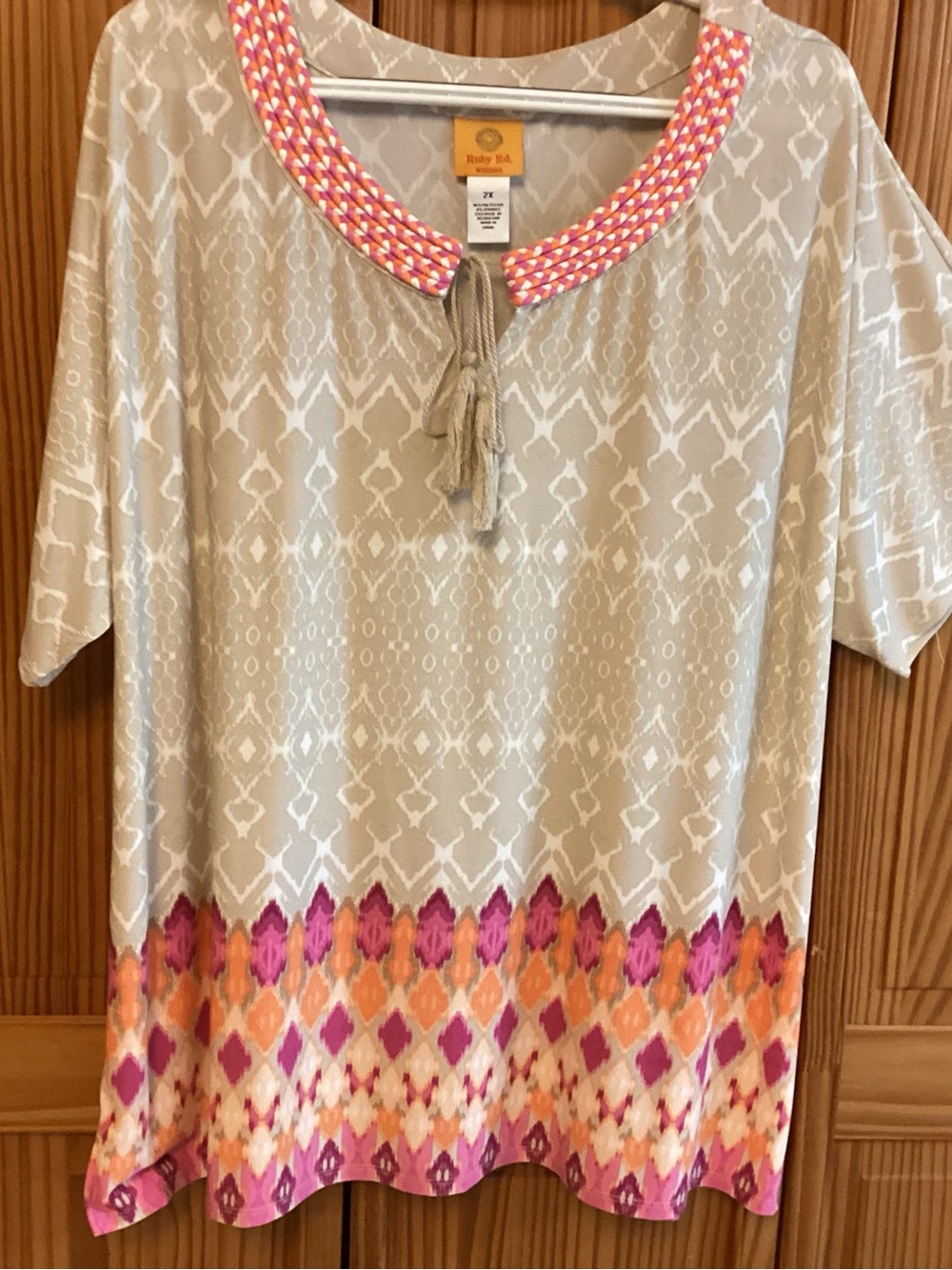 Ruby Rd. Beige Tunic Top with Pink and Orange Accent